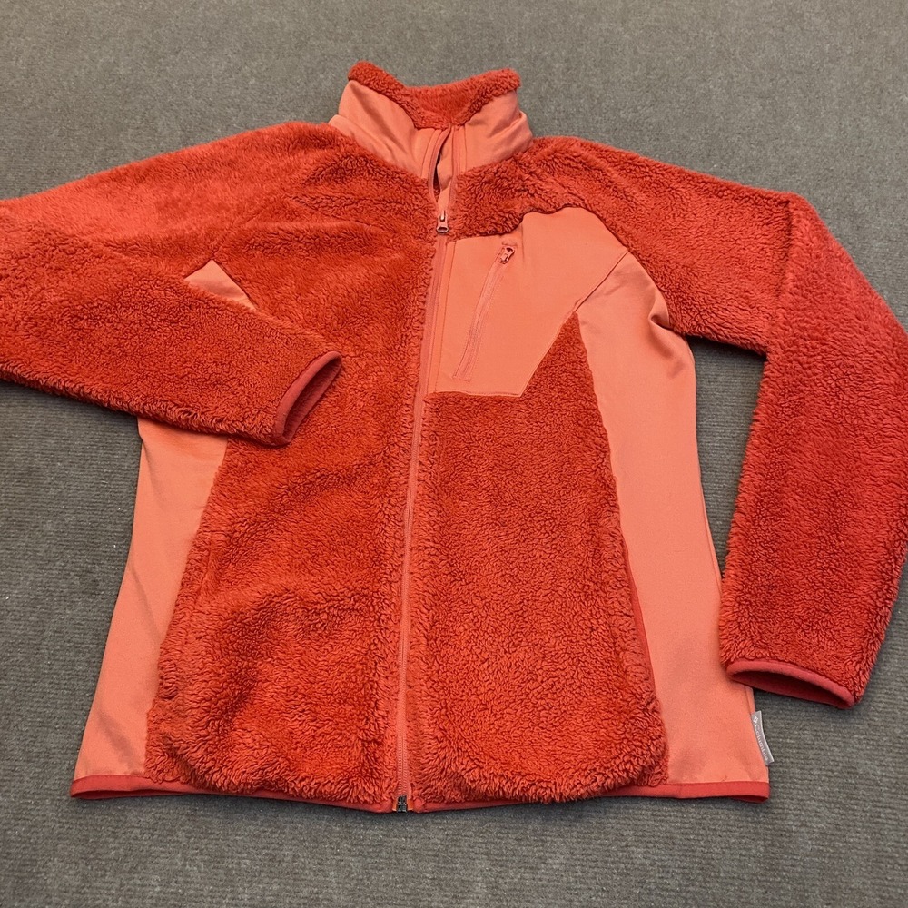 Columbia Jacket Women's M Fuzzy Fleece Full Zip Bright Orange Pink Outdoor Ski